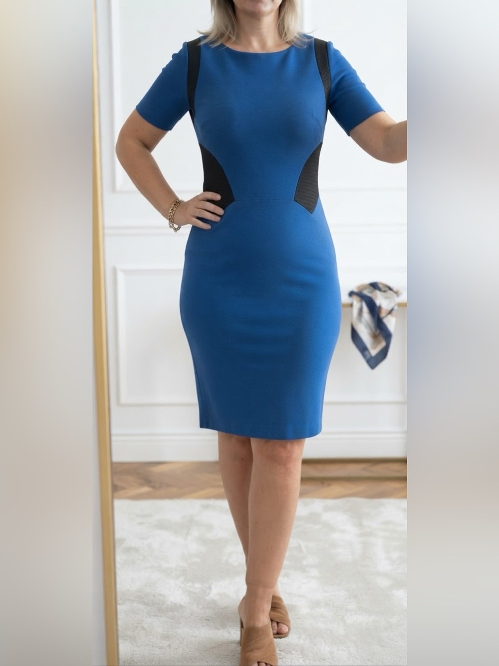 Stefanel Royal Blue Midi Sheath Dress with Black Panels